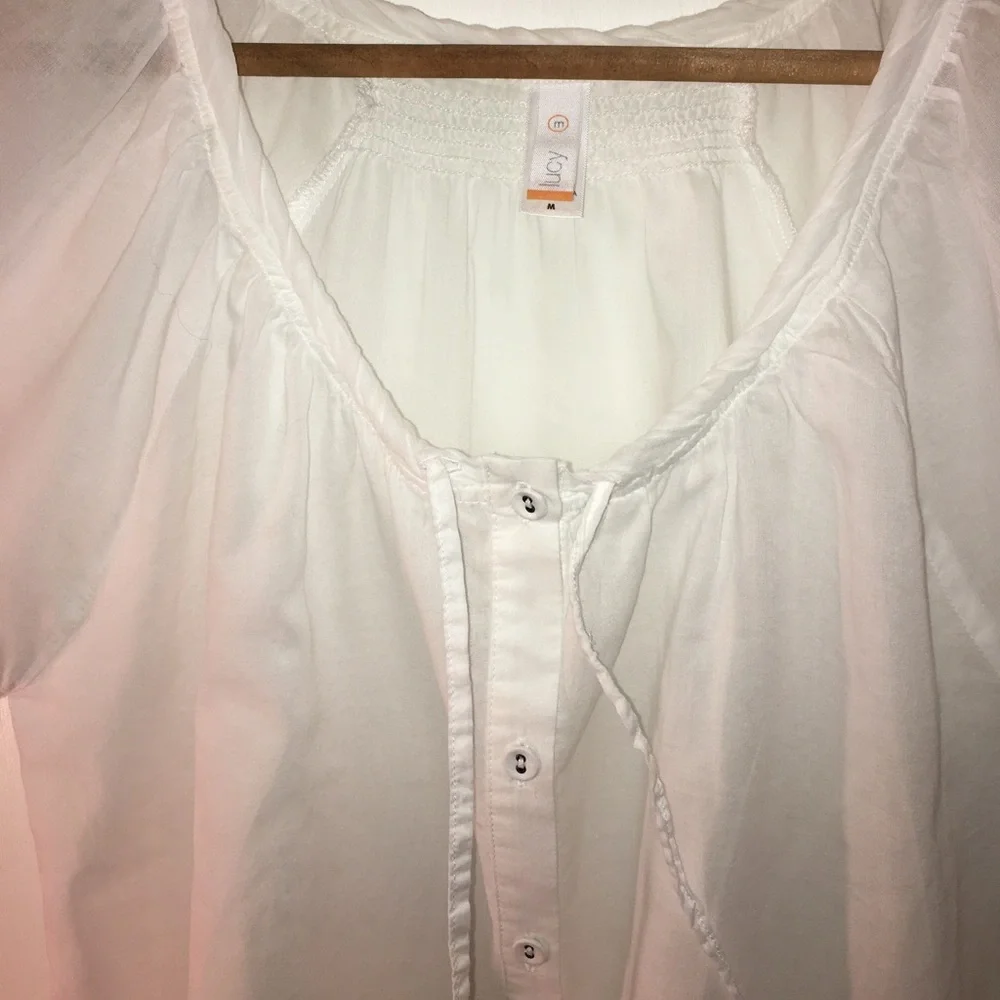 LUCY Button Up Semi Sheer Blouse Drawstring Neck M - Picture 8 of 8